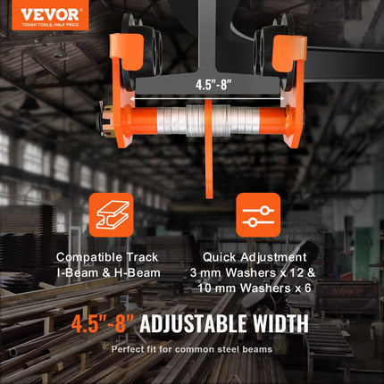 VEVOR loopkat 5 ton draagvermogen binnenkraan 114-203 mm verstelbare breedte kraan 310 x 370 x 340 mm rollend onderstel dubbele wieluitvoering steekwagen voor I en H balken binnenkraan laadkraan