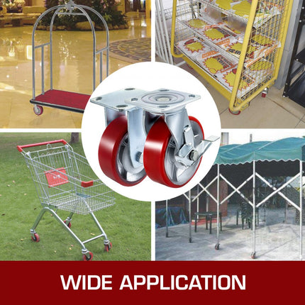 VEVOR 4 stuks 6 x 2 inch zwenkwielen, 2 vaste en 2 zwenkwielen met zijrem, zware wielen Polyurethaan ijzeren kernplaat, industriële zwenkwielen 1000 pond (ca. 454 kg) Capaciteit per wiel