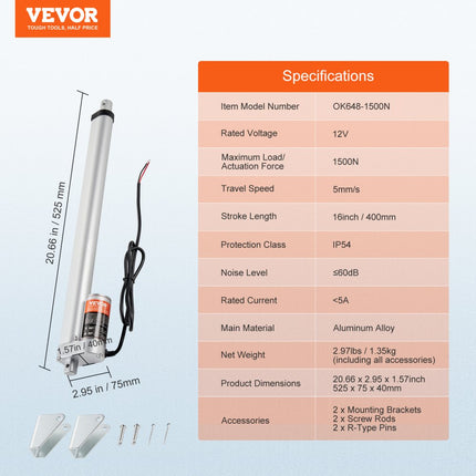 VEVOR 1500N Lineaire actuator DC 12V Lineaire aandrijving IP54 Elektrische lineaire motor 400 mm Slaglengte Geluidsniveau ≤60 dB Elektrische deuropener 5 mm/s Rijsnelheid Lineaire technologie Aanpassing Aandrijving