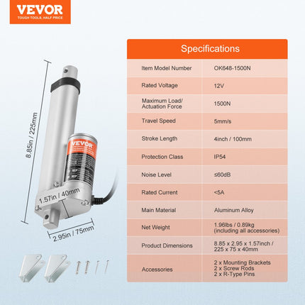 VEVOR 1500N Lineaire actuator DC 12V Lineaire aandrijving IP54 Elektrische lineaire motor 100 mm Slaglengte Geluidsniveau ≤ 60 dB Elektrische deuropener 5 mm/s Rijsnelheid Lineaire technologie Aanpassing Aandrijving