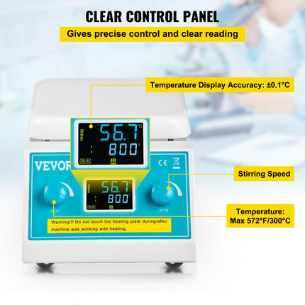 VEVOR Magnetische Roerder 200-2000 Rpm Digitale Magnetische Verwarmingsplaat 2L 500 W Vermogen Magnetische Roerder Max 572°F / 300°C