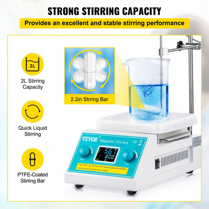 VEVOR Magnetische Roerder 200-2000 Rpm Digitale Magnetische Verwarmingsplaat 2L 500W Power Magnetische Roerder Met Standaard Max 572°F / 300°C