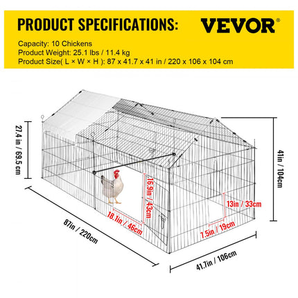 VEVOR Kippenhok Kippenhuis 220x106x104cm Klein Dierenhok Buitenverblijf Volière