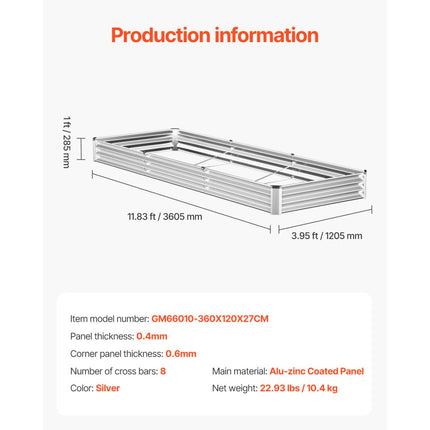 VEVOR verhoogde plantenbak metaal groentebed plantenbak 3605x1205x285mm zilver