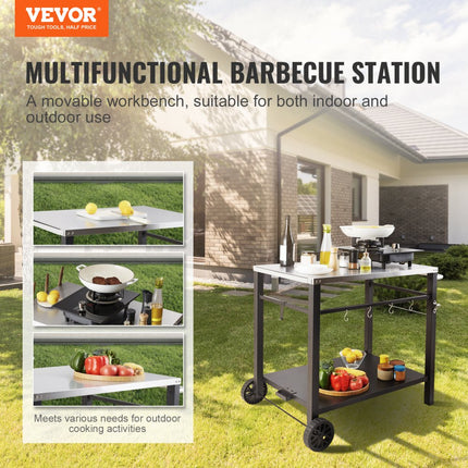 VEVOR serveerwagen keukenwagen 100 x 64 x 83,5 cm buitengrill-eetwagen met dubbele plank, verplaatsbare grilltafel voor het bereiden van voedsel, multifunctioneel tafelblad van roestvrij staal