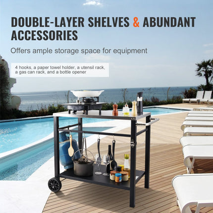 VEVOR serveerwagen keukenwagen 100 x 64 x 83,5 cm buitengrill-eetwagen met dubbele plank, verplaatsbare grilltafel voor het bereiden van voedsel, multifunctioneel tafelblad van roestvrij staal