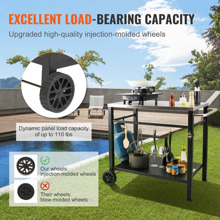 VEVOR serveerwagen keukenwagen 100 x 64 x 83,5 cm buitengrill-eetwagen met dubbele plank, verplaatsbare grilltafel voor het bereiden van voedsel, multifunctioneel tafelblad van roestvrij staal