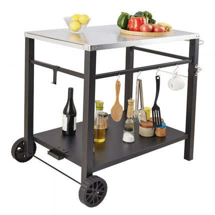 VEVOR serveerwagen keukenwagen 100 x 64 x 83,5 cm buitengrill-eetwagen met dubbele plank, verplaatsbare grilltafel voor het bereiden van voedsel, multifunctioneel tafelblad van roestvrij staal