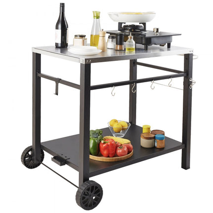VEVOR serveerwagen keukenwagen 100 x 64 x 83,5 cm buitengrill-eetwagen met dubbele plank, verplaatsbare grilltafel voor het bereiden van voedsel, multifunctioneel tafelblad van roestvrij staal