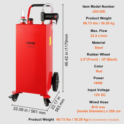 VEVOR brandstofwagen 113,6L jerrycan benzinejerrycan 561x563x1179mm gasbrandstoftankcontainer 23,5L/min Max.debiet vervangende jerrycan benzinetank Geschikt voor diesel smeerolie benzine