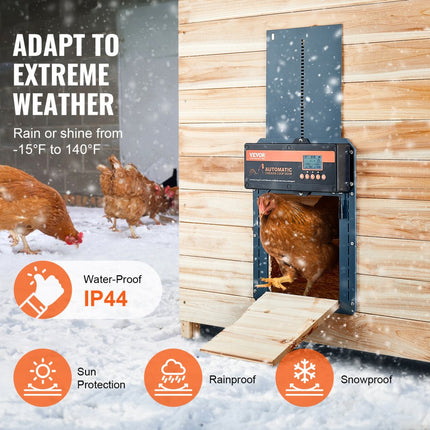 VEVOR Automatische kippenhok 21x26cm Deurgrootte Kippenluik IP44 Deuropener met lichtsensor Automatische pluimveeklep Aluminium kippenhokopener LCD-scherm -20 tot 60 °C Bedrijfstemperatuur