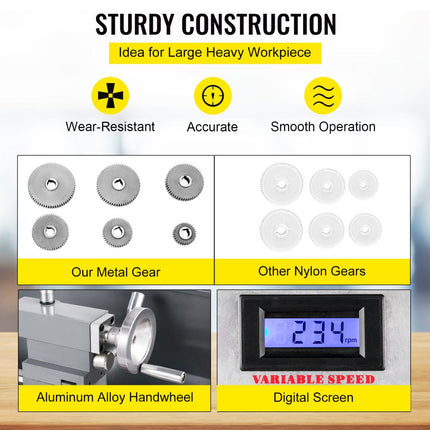 VEVOR Mini Draaibank 220x600mm Draaibank Metaal 750 W Mini Draaibank voor Metaalbewerking Draaibank Metaal Nauwkeurig Gemakkelijk te Gebruiken