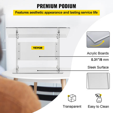 VEVOR Acryl Podium Tafel Afmetingen (LxB)68.58x34.8cm Lessenaar 49.53cm Hoogte Modern Acryl Kerk Stijl Podium met Schroef Kit Ideaal voor Kerken, Scholen Persconferenties Collegezalen Avondfeesten