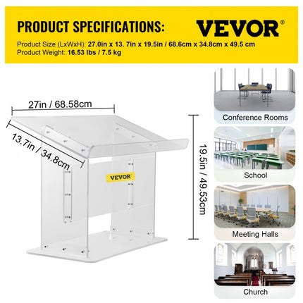 VEVOR Acryl Podium Tafel Afmetingen (LxB)68.58x34.8cm Lessenaar 49.53cm Hoogte Modern Acryl Kerk Stijl Podium met Schroef Kit Ideaal voor Kerken, Scholen Persconferenties Collegezalen Avondfeesten