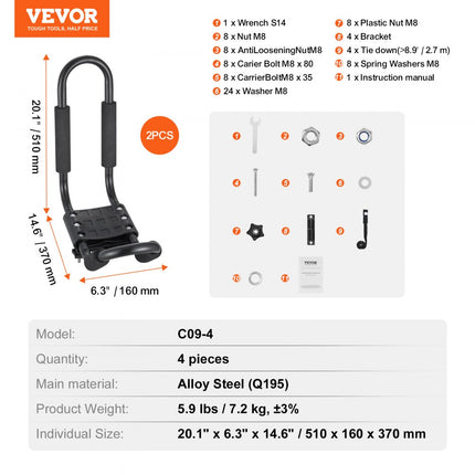 VEVOR Kajak-imperiaal, 2 paar J-Bar, zacht imperiaal, topmontage, drager voor kajak, surfplank, kano, SUP, skiboard, montage op auto, SUV, vrachtwagen, 2 kajaks