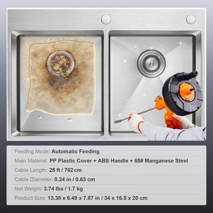 VEVOR riool ontstoppingsmachine 0,63x762 cm verenstaalkabel afvoerreiniger met trommel handmatige & elektrische automatische invoer