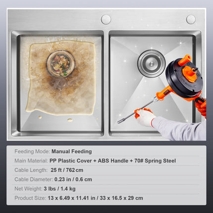 VEVOR riool ontstoppingsmachine 0,6 x 76,2 cm verenstaalkabel afvoerreiniger met trommel handmatige & elektrische handmatige invoer