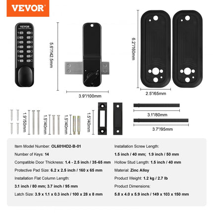 VEVOR Keyless deurslot met mechanisch codeslot, 40/50 mm retrostijl 14 wachtwoordslot, 35-65 mm deurdikte combinatiecode deurslot Geschikt voor garage, hotel, kantoor, studio enz.