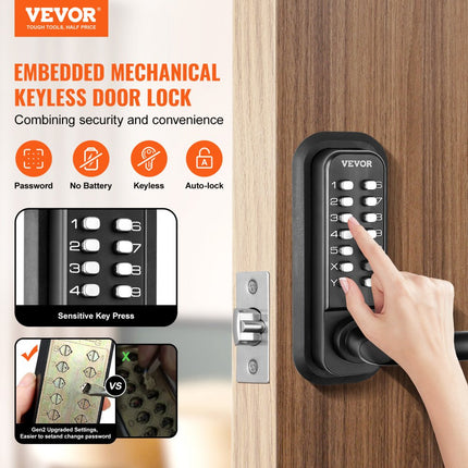 VEVOR Keyless deurslot met mechanisch codeslot, 40/50 mm nachtschoot, wachtwoordslot, 35-65 mm deurdikte combinatiecode deurslot Geschikt voor garage, hotel, kantoor, studio enz.