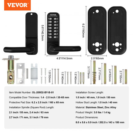 VEVOR Keyless deurslot met mechanisch codeslot, 40/50 mm nachtschoot, wachtwoordslot, 35-65 mm deurdikte combinatiecode deurslot Geschikt voor garage, hotel, kantoor, studio enz.
