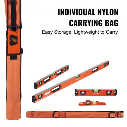 VEVOR waterpas aluminium magnetische waterpas 1222/610/411/249mm 3 libellen 45 graden hoek, horizontaal en verticaal 0,5 mm/m inclusief nylon opbergtas Professionele waterpasset