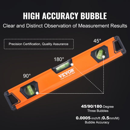 VEVOR waterpas aluminium magnetische waterpas 1980/1222/915/610/411/249mm 3 libellen 45 graden hoek, horizontaal en verticaal 0,5 mm/m inclusief nylon opbergtas Professionele waterpasset