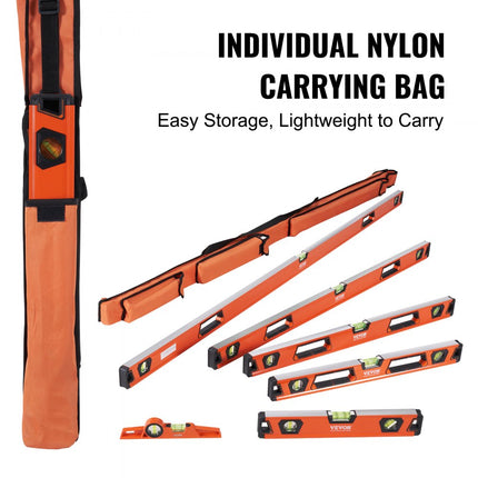 VEVOR waterpas aluminium magnetische waterpas 1980/1222/915/610/411/249mm 3 libellen 45 graden hoek, horizontaal en verticaal 0,5 mm/m inclusief nylon opbergtas Professionele waterpasset