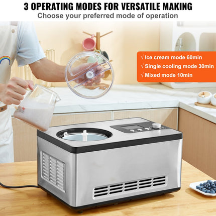 VEVOR Compressor-ijsmachine IJsmachine 2 l, 180 W Frozen Yoghurt Maker IJsmachine 3 standen Yoghurtmachine Huishoudelijke draagbare ijsmachine Sorbet Gelato Geluidsarm Zilver Elektrisch