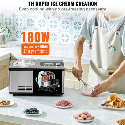 VEVOR Compressor-ijsmachine IJsmachine 2 l, 180 W Frozen Yoghurt Maker IJsmachine 3 standen Yoghurtmachine Huishoudelijke draagbare ijsmachine Sorbet Gelato Geluidsarm Zilver Elektrisch