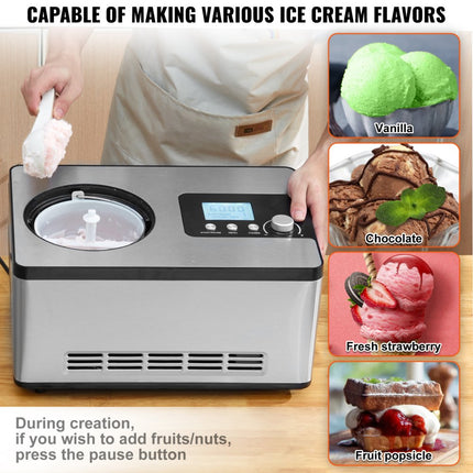VEVOR Compressor-ijsmachine IJsmachine 2 l, 180 W Frozen Yoghurt Maker IJsmachine 3 standen Yoghurtmachine Huishoudelijke draagbare ijsmachine Sorbet Gelato Geluidsarm Zilver Elektrisch