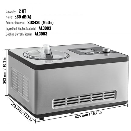 VEVOR Compressor-ijsmachine IJsmachine 2 l, 180 W Frozen Yoghurt Maker IJsmachine 3 standen Yoghurtmachine Huishoudelijke draagbare ijsmachine Sorbet Gelato Geluidsarm Zilver Elektrisch