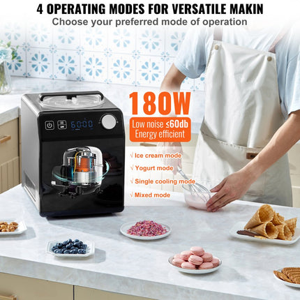 VEVOR Compressor-ijsmachine IJsmachine 2 l, 180 W Frozen Yoghurt Maker IJsmachine 3 standen Yoghurtmachine Huishoudelijke draagbare ijsmachine Sorbet Gelato Geluidsarm Zwart Elektrisch