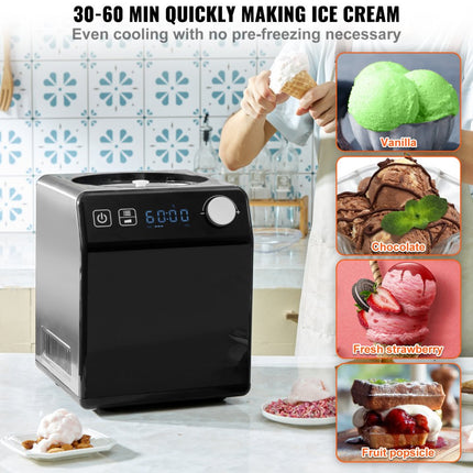 VEVOR Compressor-ijsmachine IJsmachine 2 l, 180 W Frozen Yoghurt Maker IJsmachine 3 standen Yoghurtmachine Huishoudelijke draagbare ijsmachine Sorbet Gelato Geluidsarm Zwart Elektrisch