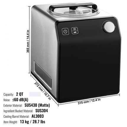 VEVOR Compressor-ijsmachine IJsmachine 2 l, 180 W Frozen Yoghurt Maker IJsmachine 3 standen Yoghurtmachine Huishoudelijke draagbare ijsmachine Sorbet Gelato Geluidsarm Zwart Elektrisch