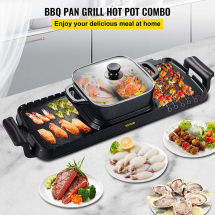 VEVOR 2 in 1 Bbq Grill Hete Pot 2400W Multifunctionele Elektrische Grill Hot Pot 73,5x26,5x19 cm Grill Indoor Hot Pot van Gegoten Aluminium en Gehard