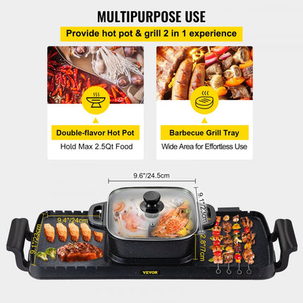 VEVOR 2 in 1 Bbq Grill Hete Pot 2400W Multifunctionele Elektrische Grill Hot Pot 73,5x26,5x19 cm Grill Indoor Hot Pot van Gegoten Aluminium en Gehard