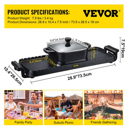 VEVOR 2 in 1 Bbq Grill Hete Pot 2400W Multifunctionele Elektrische Grill Hot Pot 73,5x26,5x19 cm Grill Indoor Hot Pot van Gegoten Aluminium en Gehard