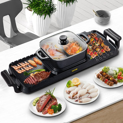 VEVOR 2 in 1 Bbq Grill Hete Pot 2400W Multifunctionele Elektrische Grill Hot Pot 73,5x26,5x19 cm Grill Indoor Hot Pot van Gegoten Aluminium en Gehard