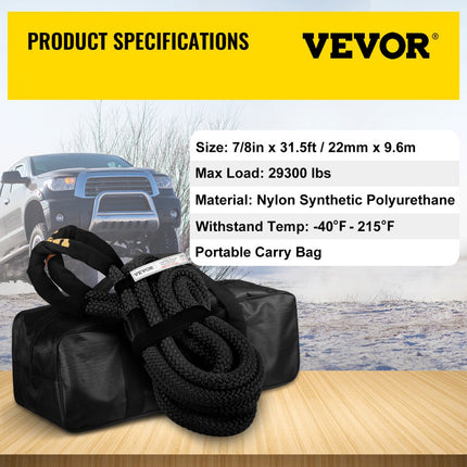 VEVOR Kinetic 9.6mx22mm sleepkabel Breukbelasting 132900 kg off-road kinetisch touw Hersteltouw Tot 30% elastisch Reddingstouw 32 strengen Dubbel gevlochten Ideaal voor het redden van ATV UTV-vrachtwagens