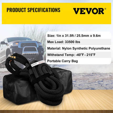 VEVOR 25,5 mm x 9,6 m kinetische sleepkabel 15,195 kg dubbel gevlochten kinetische herstelkabel gemaakt van nylon met lussen en beschermhoezen voor terreinwagens ATV UTV met draagtas zwart