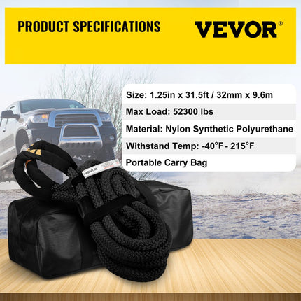 VEVOR 32 mm x 9,6 m kinetische sleepkabel 23,723 kg dubbel gevlochten kinetische herstelkabel gemaakt van nylon met lussen en beschermhoezen voor terreinwagens ATV UTV met draagtas zwart
