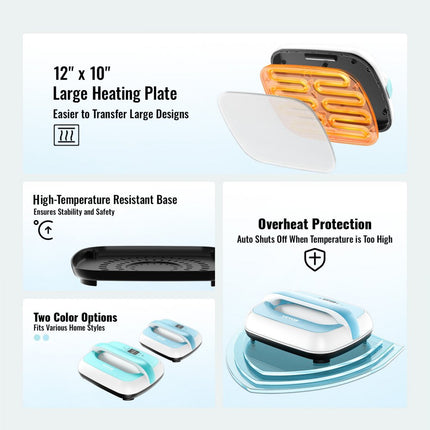 VEVOR Mini Transferpers Warmtepers Textieldruk Hot Press Blauw + Wit