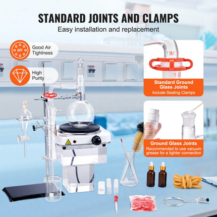 VEVOR destillatiekit voor etherische olie, destillatieapparaat van 500 ml, 3.3 Boro laboratoriumglasdestillatiekit met 1000 W verwarmingsplaat en 24, 40 gewrichten, 33-delige set