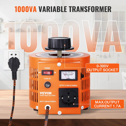 VEVOR 1000VA Variabele spanningsvariabele transformator 3,3 Amp 230V Ingang 0-300V Uitgang AC-spanningsregelaar Voeding met 4 extra zekeringen voor thuis, industrieel kantoor