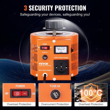VEVOR 1000VA Variabele spanningsvariabele transformator 3,3 Amp 230V Ingang 0-300V Uitgang AC-spanningsregelaar Voeding met 4 extra zekeringen voor thuis, industrieel kantoor