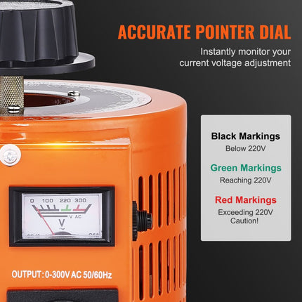 VEVOR 1000VA Variabele spanningsvariabele transformator 3,3 Amp 230V Ingang 0-300V Uitgang AC-spanningsregelaar Voeding met 4 extra zekeringen voor thuis, industrieel kantoor