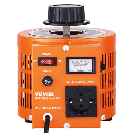 VEVOR 1000VA Variabele spanningsvariabele transformator 3,3 Amp 230V Ingang 0-300V Uitgang AC-spanningsregelaar Voeding met 4 extra zekeringen voor thuis, industrieel kantoor