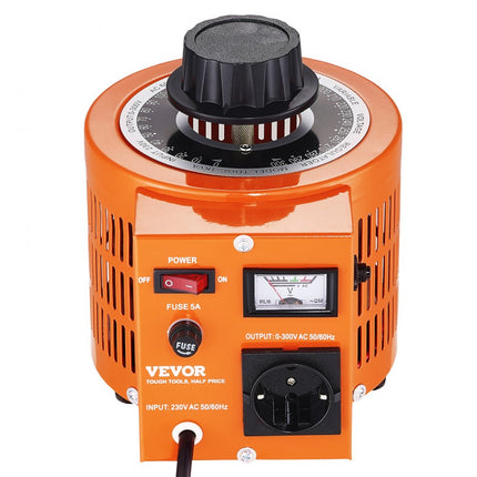 VEVOR 1000VA Variabele spanningsvariabele transformator 3,3 Amp 230V Ingang 0-300V Uitgang AC-spanningsregelaar Voeding met 4 extra zekeringen voor thuis, industrieel kantoor