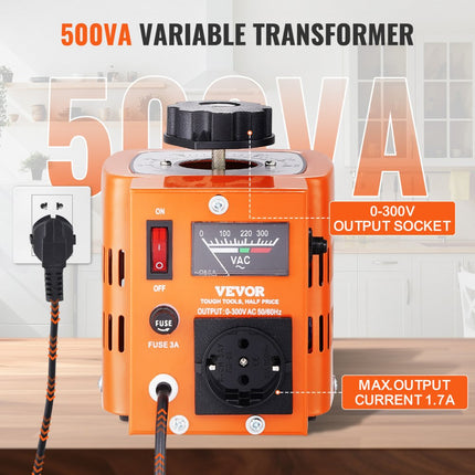 VEVOR 500VA Variabele spanningsvariabele transformator 1,7 A 230 V ingang, 0-300 V uitgang AC-spanningsregelaar Voeding met 4 extra zekeringen Thermische schakelaar voor thuis, industrieel kantoor