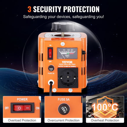 VEVOR 500VA Variabele spanningsvariabele transformator 1,7 A 230 V ingang, 0-300 V uitgang AC-spanningsregelaar Voeding met 4 extra zekeringen Thermische schakelaar voor thuis, industrieel kantoor